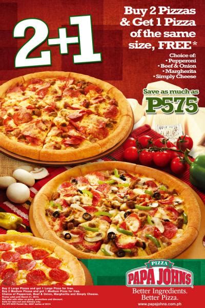 Papa john%27s multiple pizza deals - Better Pizza. It’s a family gathering, memorable birthday, work celebration or simply a great meal. It’s our goal to make sure you always have the best ingredients for every occasion. Call us at (602) 264-7070 for delivery or stop by W Thomas Rd for carryout to order your favorite, pizza, breadsticks, or wings today! Start Your Order. 